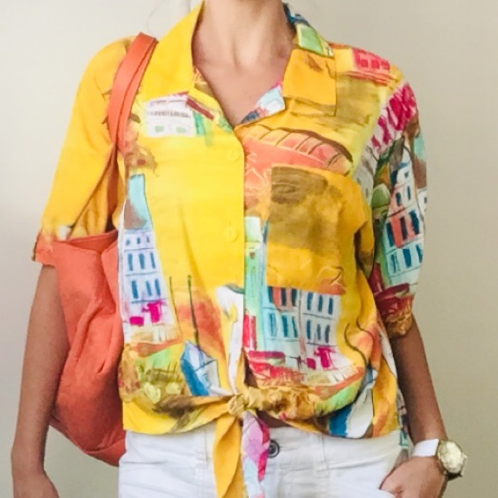 Vintage Tie Front Blouse 50s Style Yellow - Picture 1 of 4
